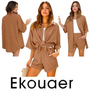 EKOUAER Waffle Knit Lounge Sets Short Sleeve Pajamas Button Down Women’s Sz XXL